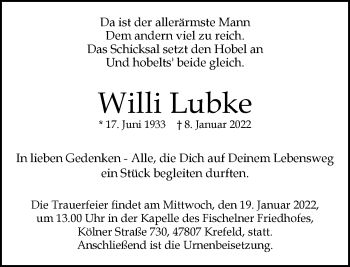 Traueranzeige von Willi Lubke von trauer.mein.krefeld.de
