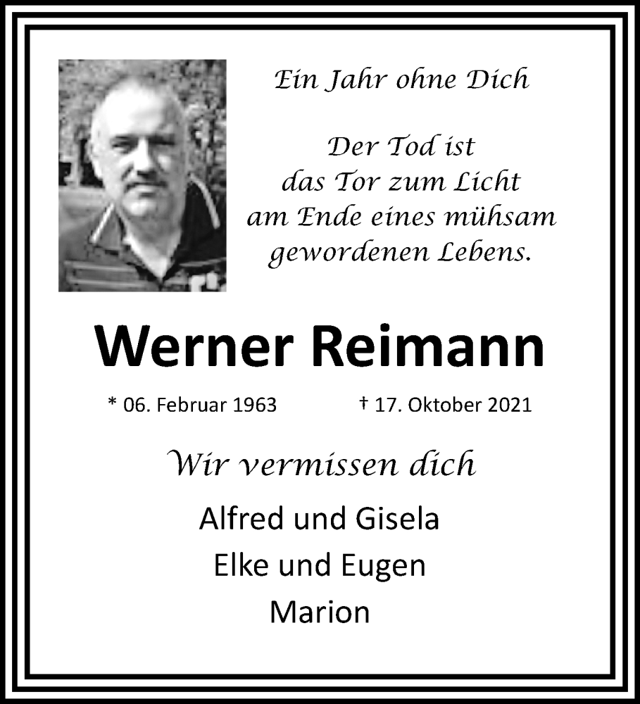  Traueranzeige für Werner Reimann vom 16.10.2022 aus trauer.extra-tipp-moenchengladbach.de