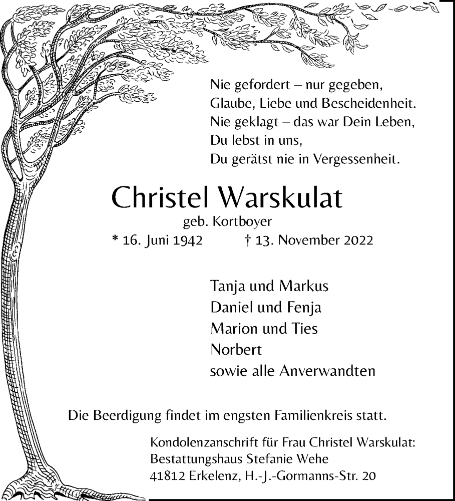  Traueranzeige für Christel Warskulat vom 20.11.2022 aus trauer.extra-tipp-moenchengladbach.de
