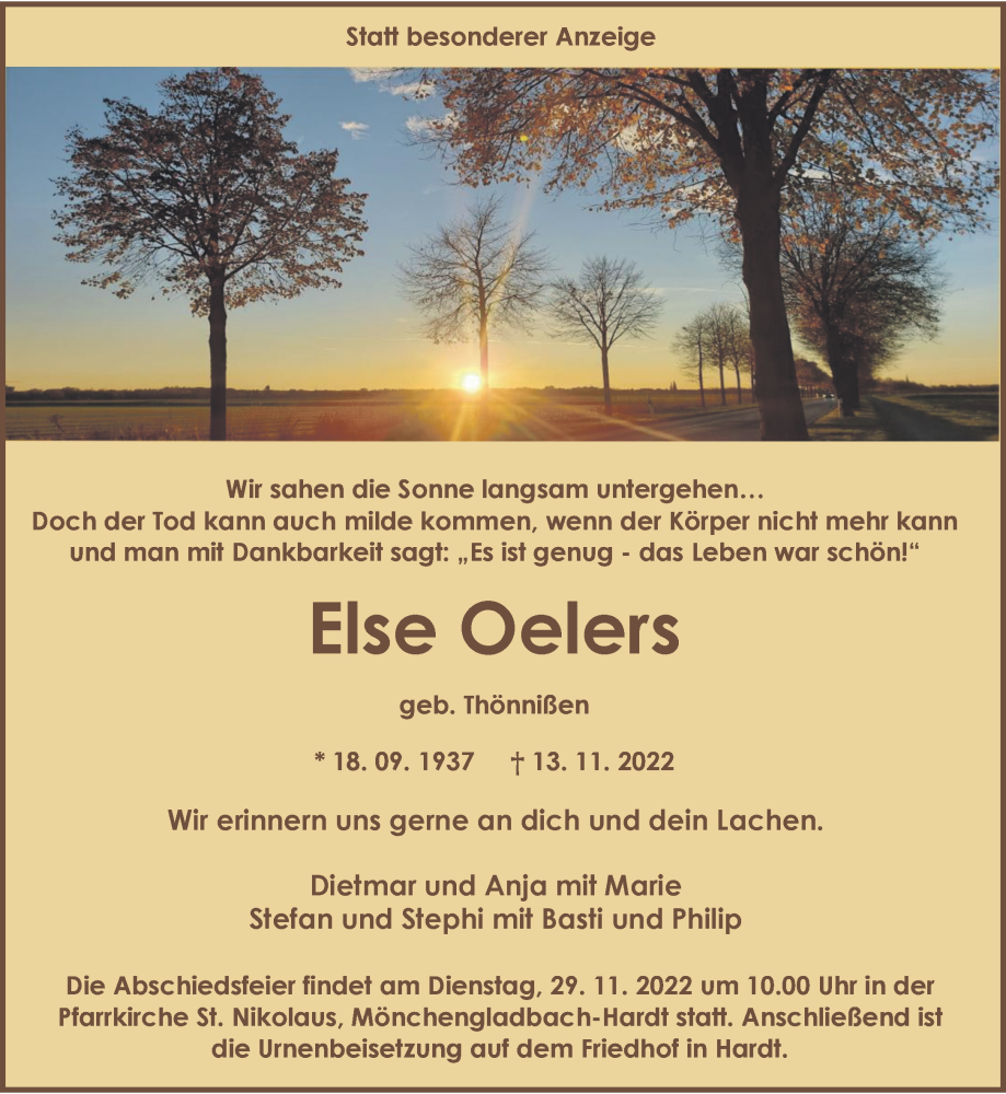  Traueranzeige für Else Oelers vom 20.11.2022 aus trauer.extra-tipp-moenchengladbach.de