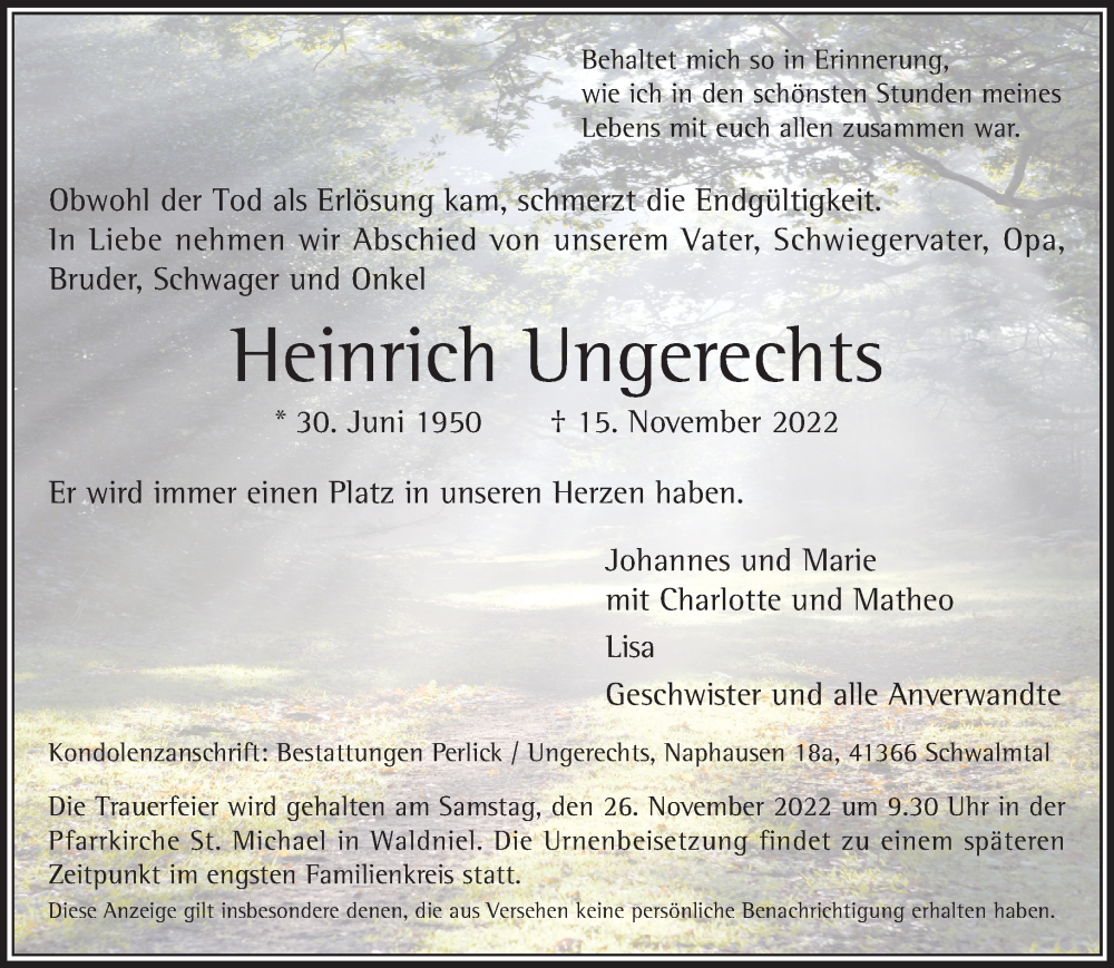  Traueranzeige für Heinrich Ungerechts vom 20.11.2022 aus trauer.extra-tipp-moenchengladbach.de