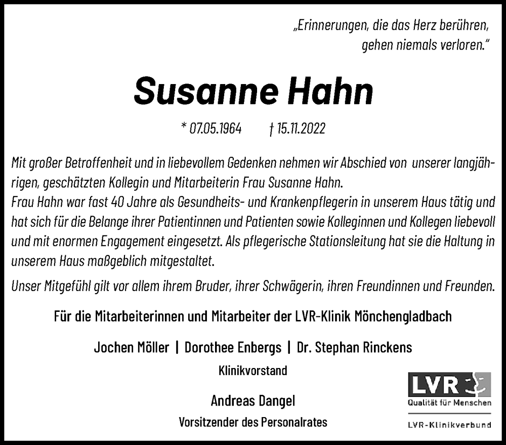  Traueranzeige für Susanne Hahn vom 20.11.2022 aus trauer.extra-tipp-moenchengladbach.de
