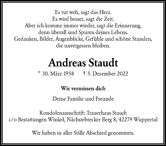 Traueranzeige von Andreas Staudt von trauer.wuppertaler-rundschau.de