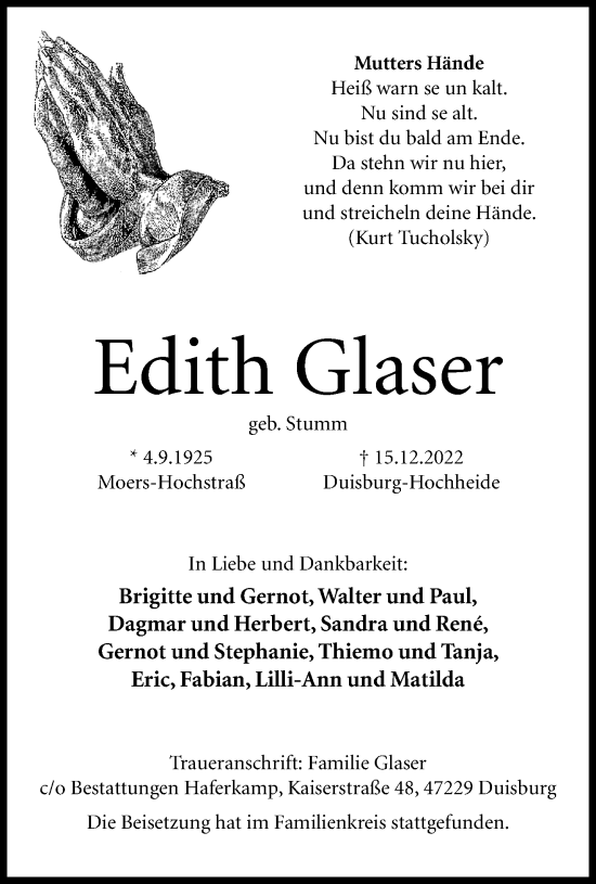 Traueranzeige von Edith Glaser von trauer.mein.krefeld.de