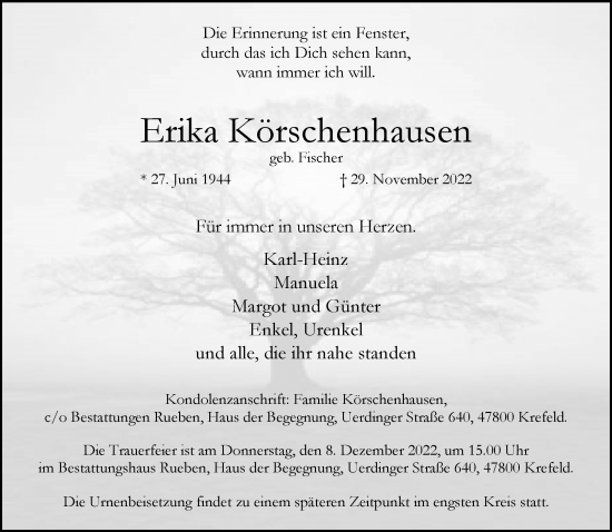 Traueranzeige von Erika Körschenhausen von trauer.mein.krefeld.de