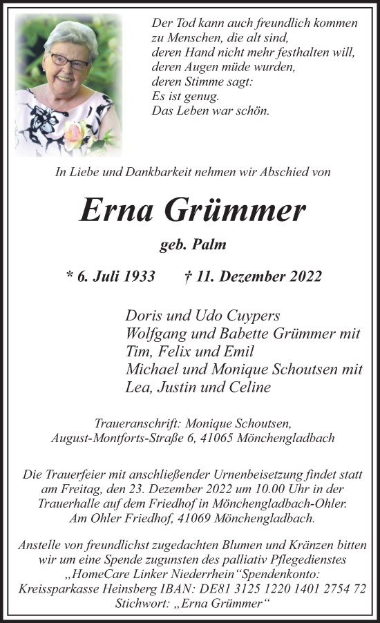 Traueranzeige von Erna Grümmer von trauer.extra-tipp-moenchengladbach.de