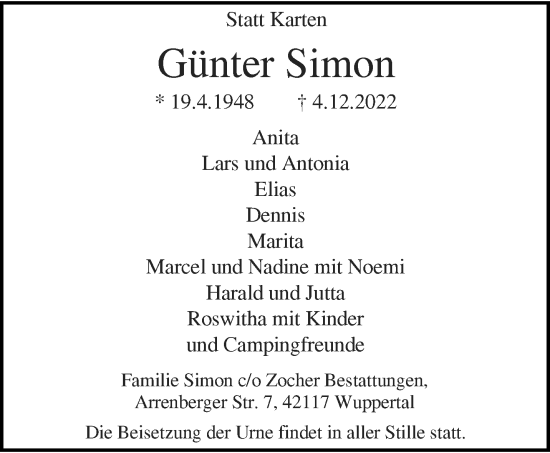 Traueranzeige von Günter Simon von trauer.wuppertaler-rundschau.de