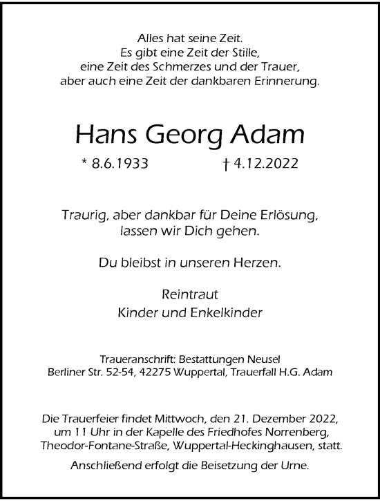 Traueranzeige von Hans Georg Adam von trauer.wuppertaler-rundschau.de