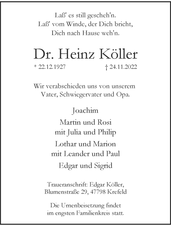 Traueranzeige von Heinz Köller von trauer.mein.krefeld.de