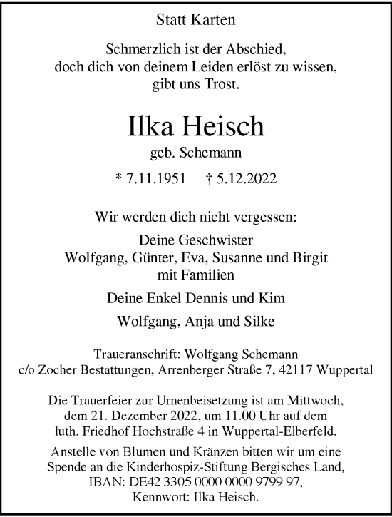 Traueranzeige von Ilka Heisch von trauer.wuppertaler-rundschau.de