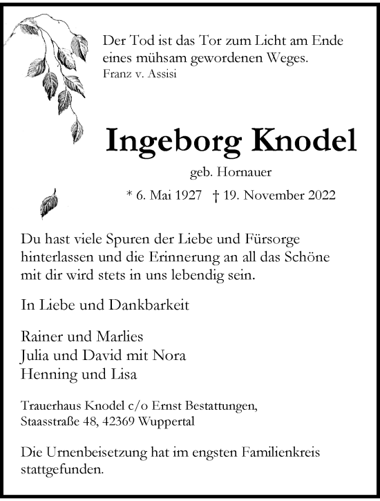 Traueranzeige von Ingeborg Knodel von trauer.wuppertaler-rundschau.de