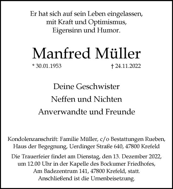 Traueranzeige von Manfred Müller von trauer.mein.krefeld.de