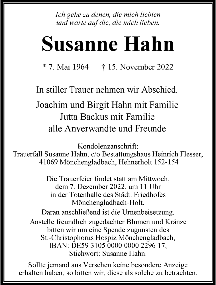  Traueranzeige für Susanne Hahn vom 04.12.2022 aus trauer.extra-tipp-moenchengladbach.de