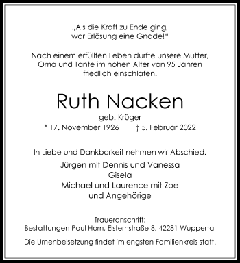 Traueranzeige von Ruth Nacken von trauer.wuppertaler-rundschau.de