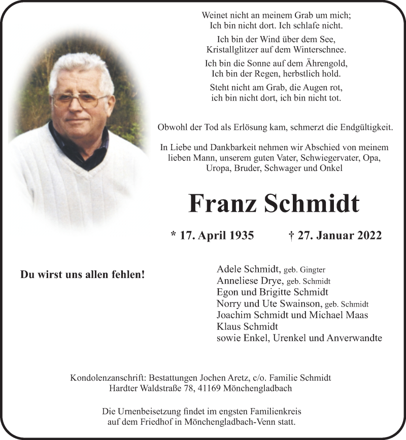  Traueranzeige für Franz Schmidt vom 06.02.2022 aus trauer.extra-tipp-moenchengladbach.de