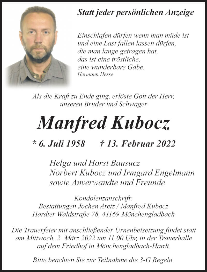  Traueranzeige für Manfred Kubocz vom 27.02.2022 aus trauer.extra-tipp-moenchengladbach.de