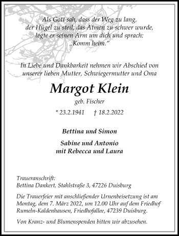 Traueranzeige von Margot Klein von trauer.mein.krefeld.de