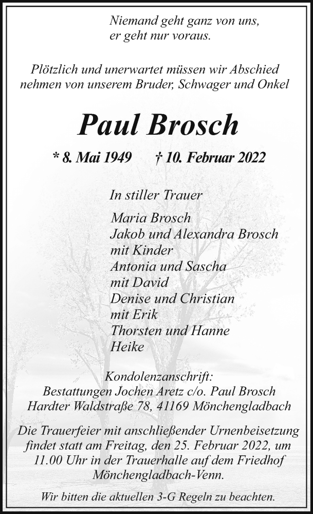  Traueranzeige für Paul Brosch vom 20.02.2022 aus trauer.extra-tipp-moenchengladbach.de