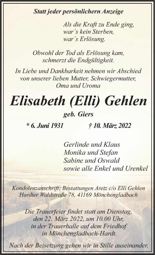  Traueranzeige für Elisabeth  Gehlen vom 13.03.2022 aus trauer.extra-tipp-moenchengladbach.de