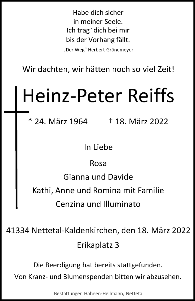  Traueranzeige für Heinz-Peter Reiffs vom 27.03.2022 aus trauer.extra-tipp-moenchengladbach.de