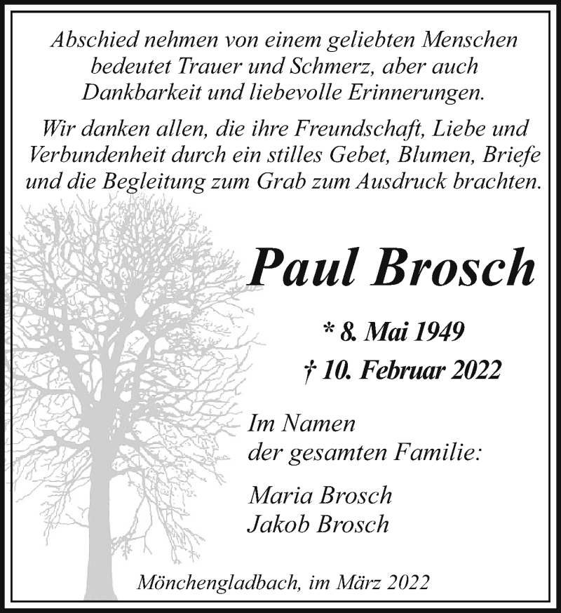  Traueranzeige für Paul Brosch vom 06.03.2022 aus trauer.extra-tipp-moenchengladbach.de