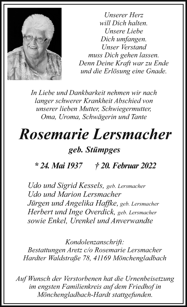  Traueranzeige für Rosemarie Lersmacher vom 06.03.2022 aus trauer.extra-tipp-moenchengladbach.de