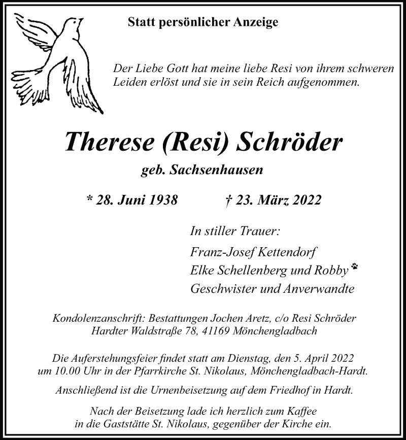  Traueranzeige für Therese Schröder vom 27.03.2022 aus trauer.extra-tipp-moenchengladbach.de