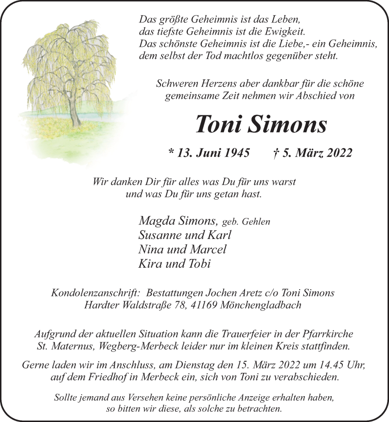  Traueranzeige für Toni Simons vom 13.03.2022 aus trauer.extra-tipp-moenchengladbach.de