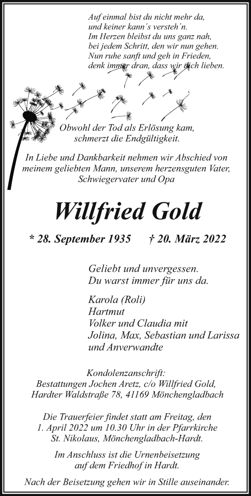  Traueranzeige für Wilfried Gold vom 27.03.2022 aus trauer.extra-tipp-moenchengladbach.de