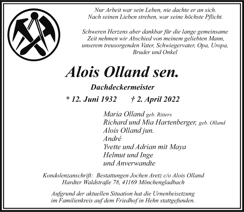 Traueranzeige für Alois Olland vom 17.04.2022 aus trauer.extra-tipp-moenchengladbach.de