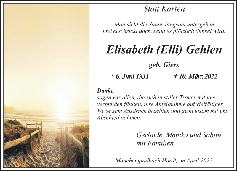  Traueranzeige für Elisabeth  Gehlen vom 03.04.2022 aus trauer.extra-tipp-moenchengladbach.de