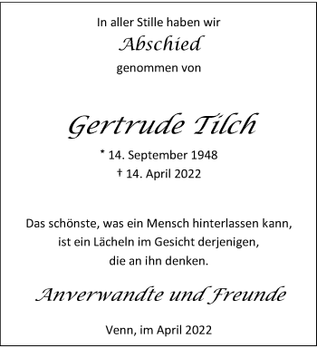 Traueranzeige von Gertrude Tilch von trauer.extra-tipp-moenchengladbach.de