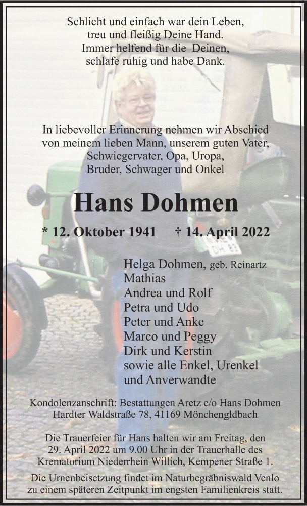  Traueranzeige für Hans Dohmen vom 24.04.2022 aus trauer.extra-tipp-moenchengladbach.de