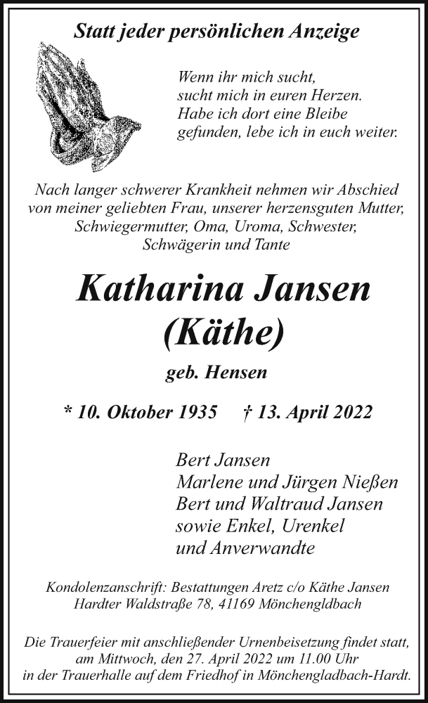  Traueranzeige für Katharina Jansen vom 24.04.2022 aus trauer.extra-tipp-moenchengladbach.de