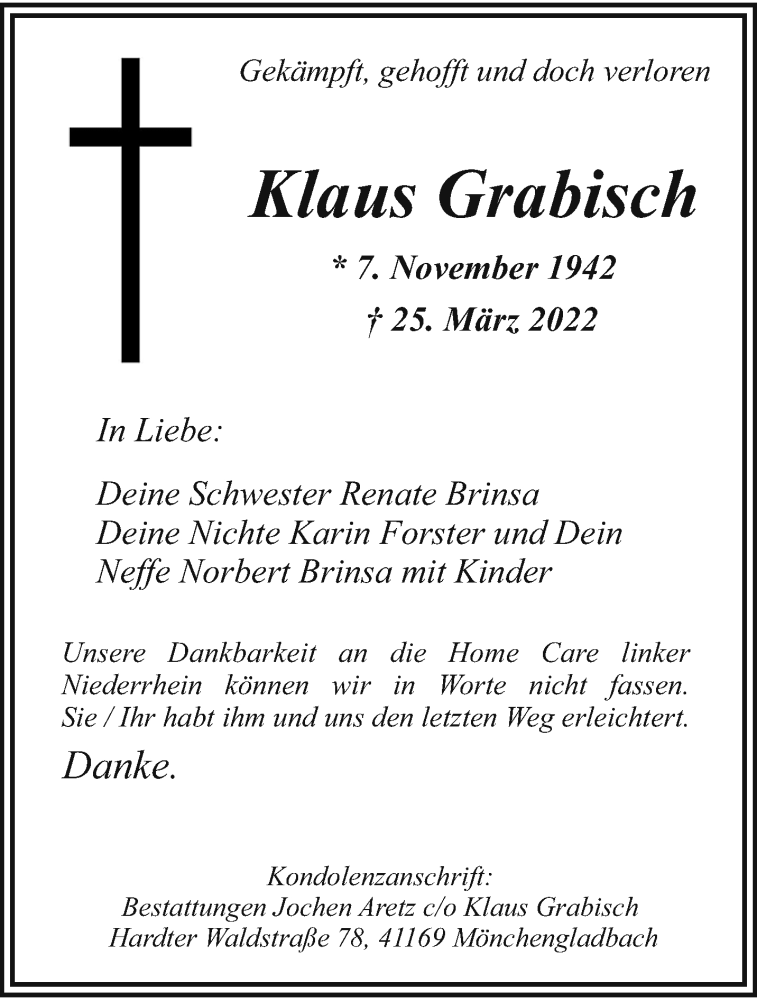  Traueranzeige für Klaus Grabisch vom 03.04.2022 aus trauer.extra-tipp-moenchengladbach.de