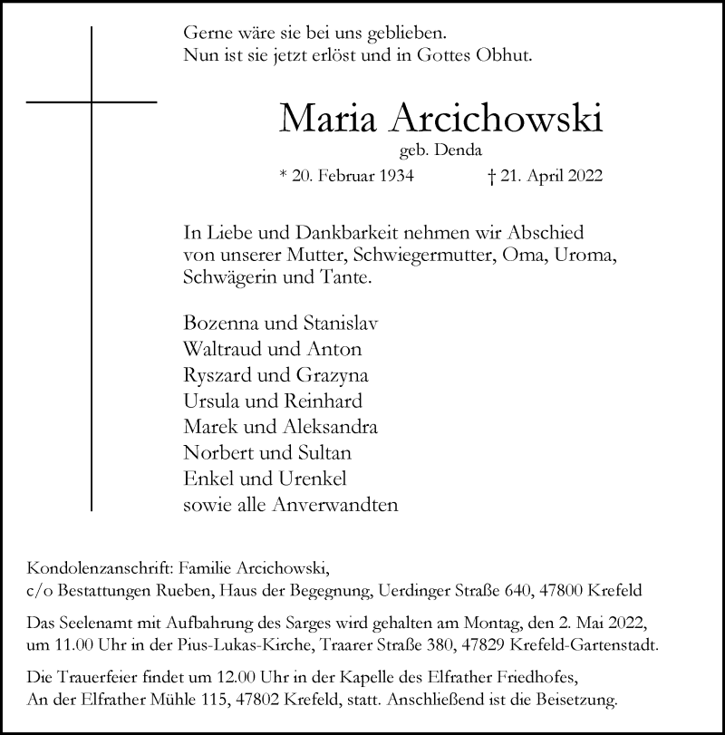  Traueranzeige für Maria Arcichowski vom 01.05.2022 aus trauer.mein.krefeld.de