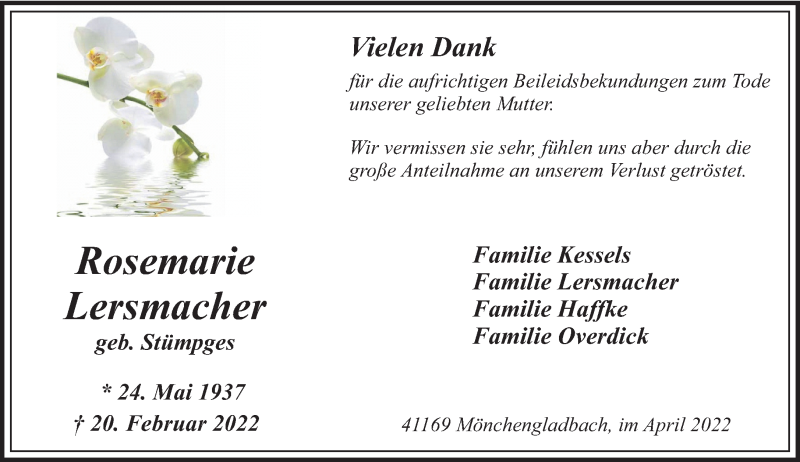  Traueranzeige für Rosemarie Lersmacher vom 10.04.2022 aus trauer.extra-tipp-moenchengladbach.de