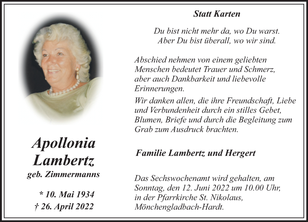  Traueranzeige für Apollonia Lambertz vom 29.05.2022 aus trauer.extra-tipp-moenchengladbach.de