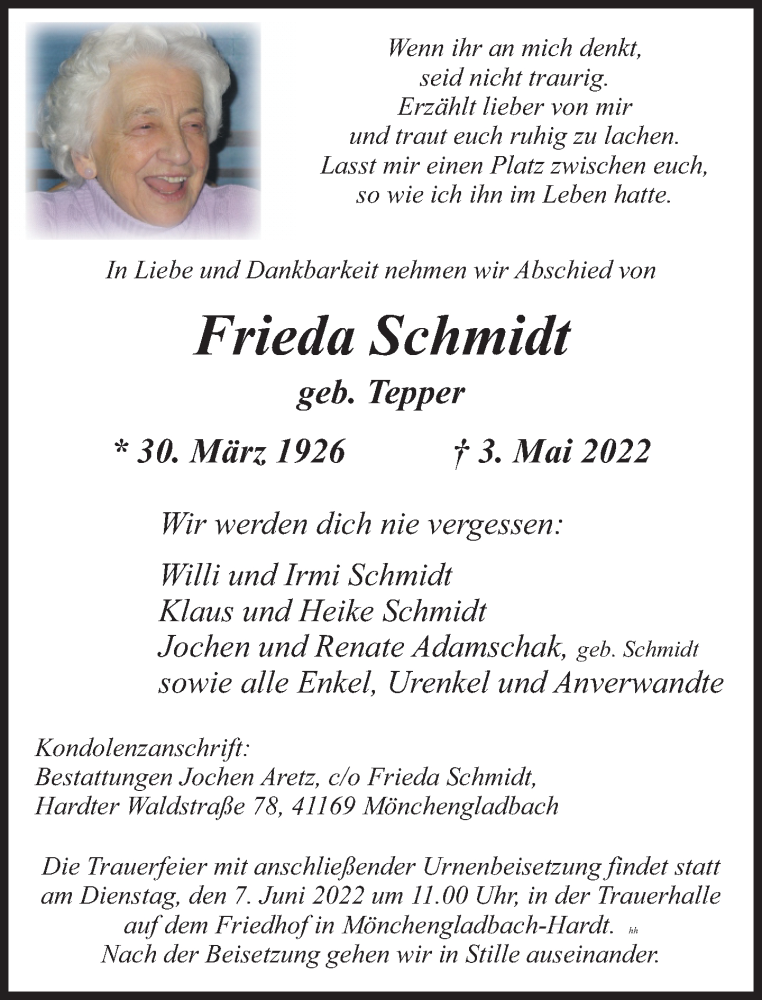  Traueranzeige für Frieda Schmidt vom 15.05.2022 aus trauer.extra-tipp-moenchengladbach.de