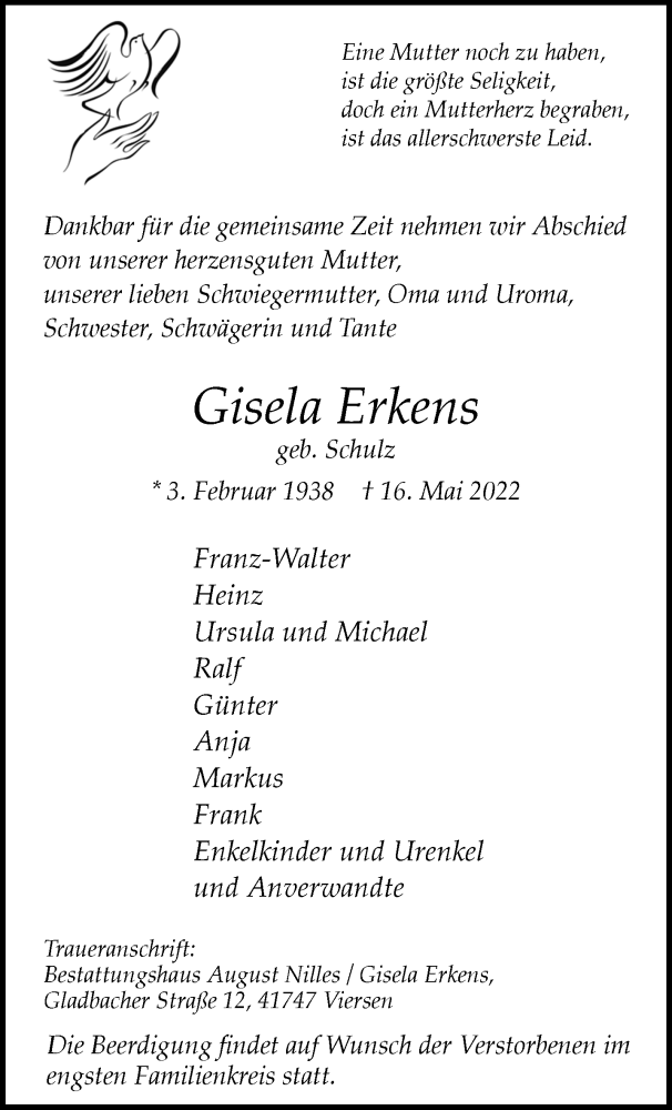  Traueranzeige für Gisela Erkens vom 22.05.2022 aus trauer.extra-tipp-moenchengladbach.de