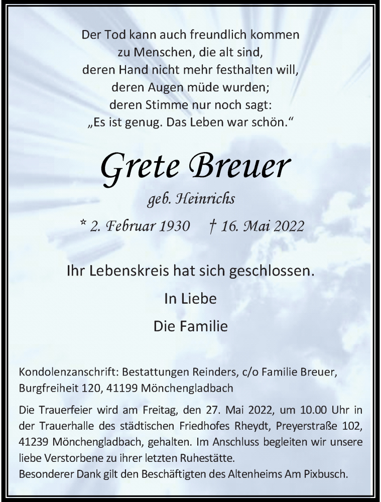  Traueranzeige für Grete Breuer vom 22.05.2022 aus trauer.extra-tipp-moenchengladbach.de