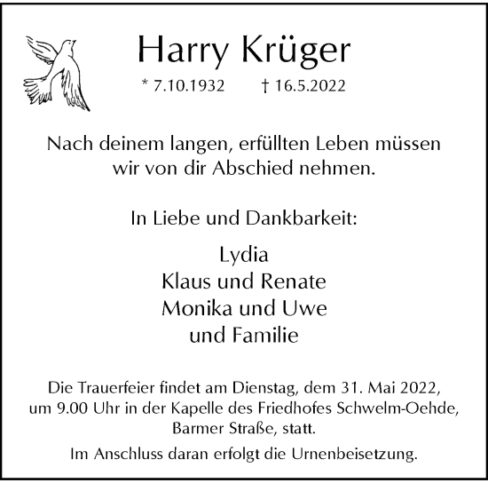 Traueranzeige von Harry Krüger von trauer.wuppertaler-rundschau.de