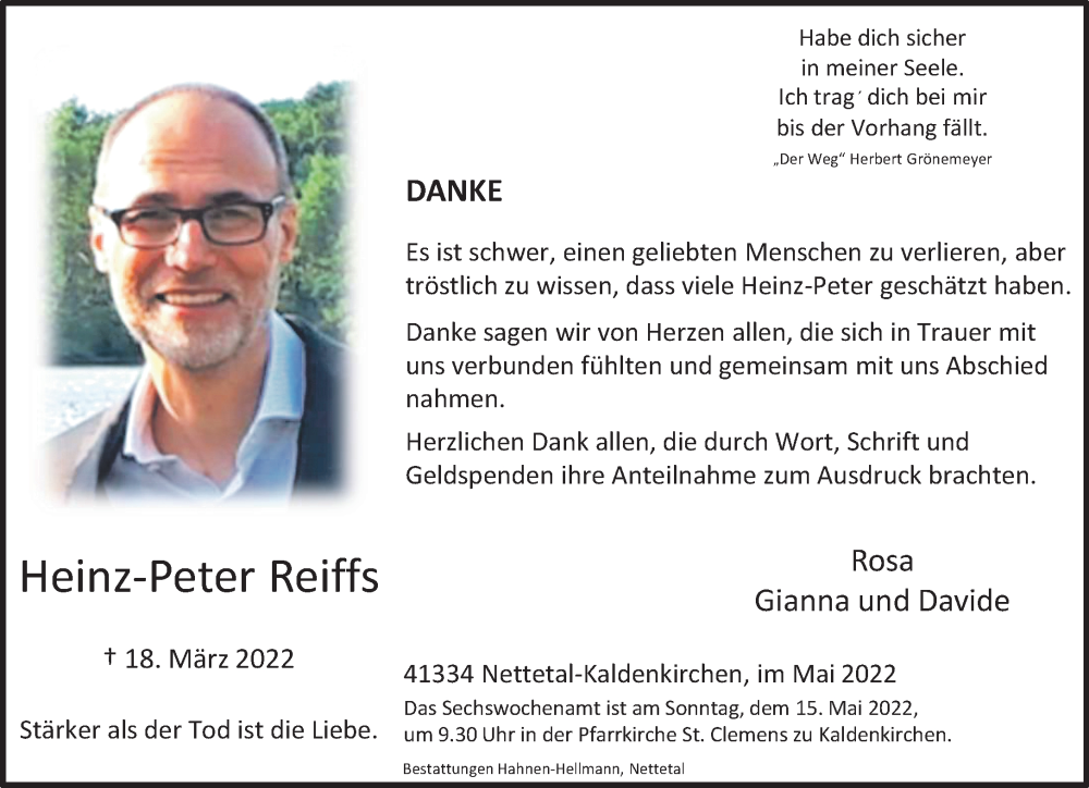  Traueranzeige für Heinz-Peter Reiffs vom 08.05.2022 aus trauer.extra-tipp-moenchengladbach.de