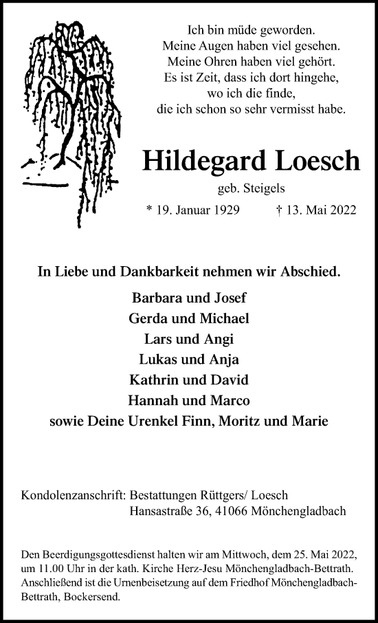 Traueranzeige von Hildegard Loesch von trauer.extra-tipp-moenchengladbach.de
