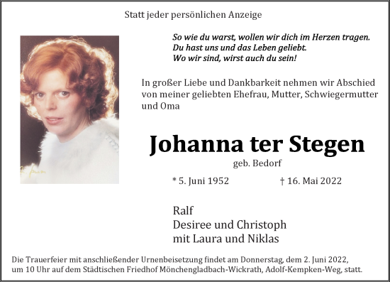 Traueranzeige von Johanna ter Stegen von trauer.extra-tipp-moenchengladbach.de