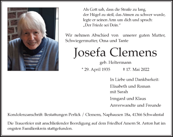 Traueranzeige von Josefa Clemens von trauer.extra-tipp-moenchengladbach.de