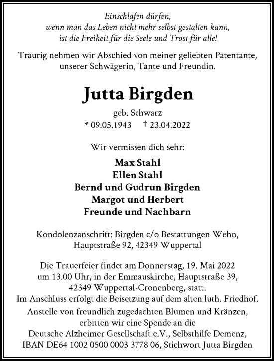 Traueranzeige von Jutta Birgden von trauer.wuppertaler-rundschau.de