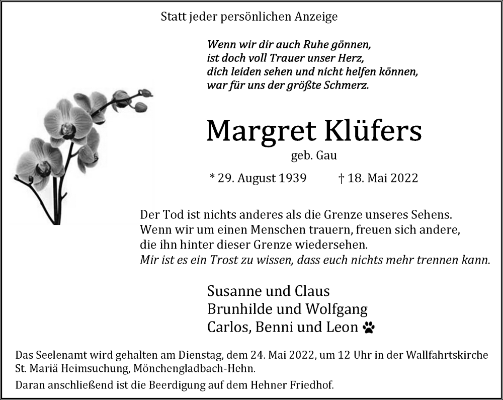  Traueranzeige für Margret Klüfers vom 22.05.2022 aus trauer.extra-tipp-moenchengladbach.de