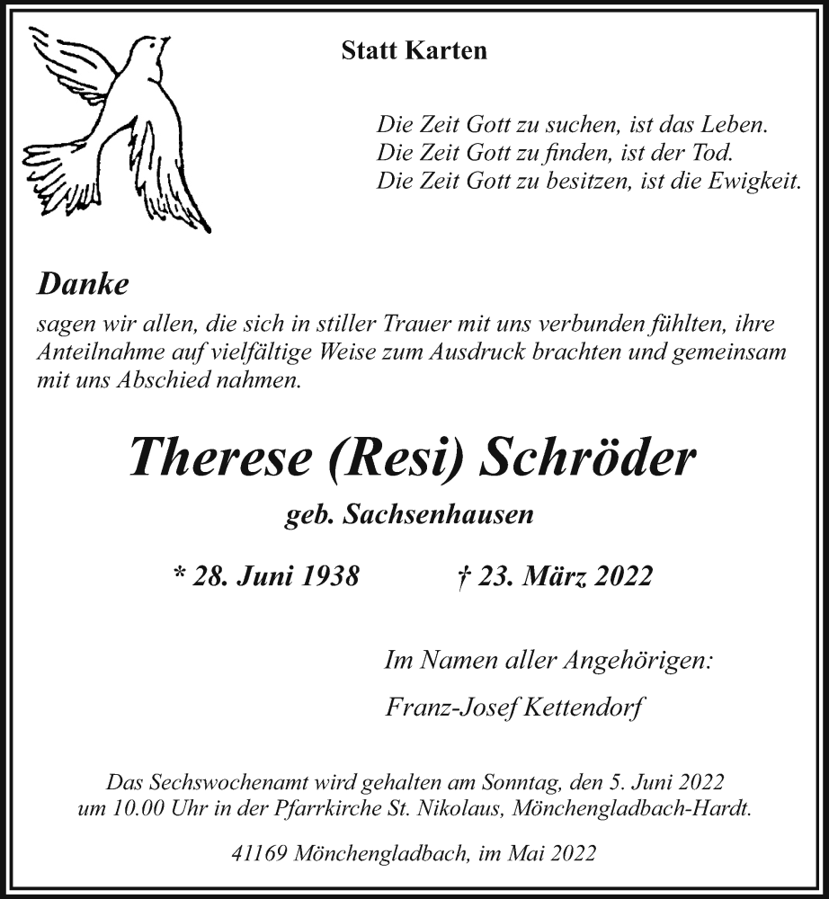  Traueranzeige für Therese Schröder vom 29.05.2022 aus trauer.extra-tipp-moenchengladbach.de