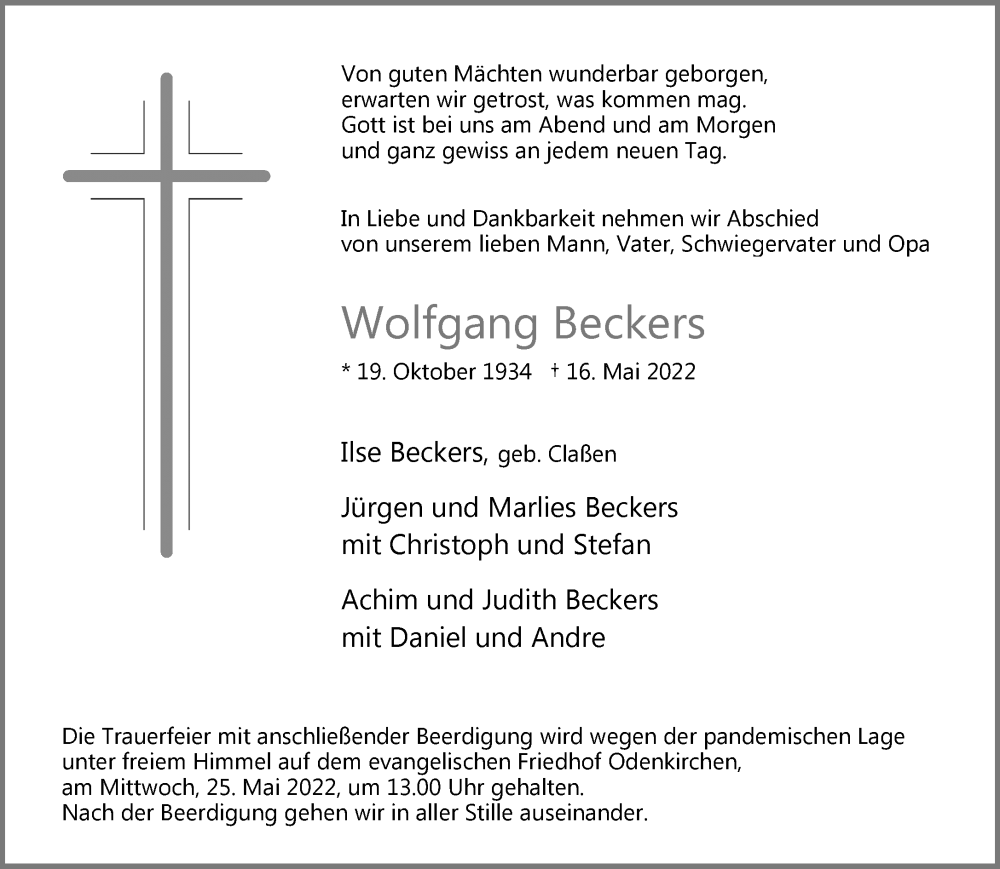  Traueranzeige für Wolfgang Beckers vom 22.05.2022 aus trauer.extra-tipp-moenchengladbach.de